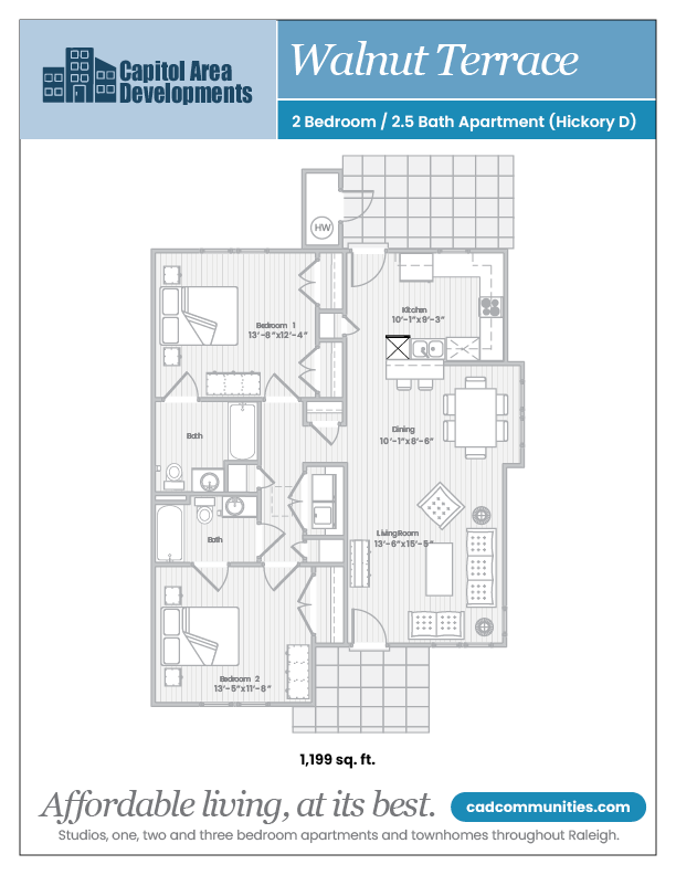Floor plan for 2 beds, 2 baths, 1199 sqft